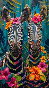 Produce a vibrant oil painting of close-up shot zebras wearing Hawaiian summer clothes, capturing the essence of their patterns and the vibrant colors of the scene