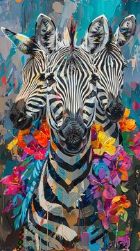 Produce a vibrant oil painting of close-up shot zebras wearing Hawaiian summer clothes, capturing the essence of their patterns and the vibrant colors of the scene