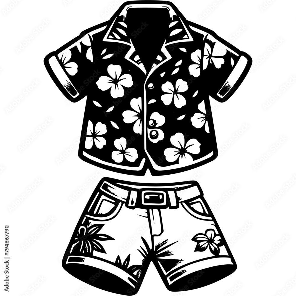 Wall mural hawaiian floral shorts and shirt in monochrome. set of summer men clothing for beach holidays. simpl