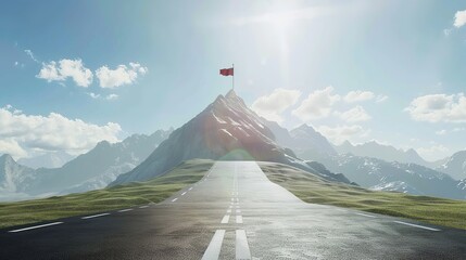The road is about to plant a flag on the mountain top, beautiful business success concept.