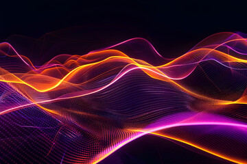 Mesmerizing neon waves with orange and purple glowing light streaks. Abstract artwork on black background. - obrazy, fototapety, plakaty