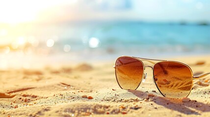 Fototapeta na wymiar Close up view. A sunglasses on the sand at the beach.