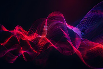 Dynamic abstract neon waves with red and purple glowing curves. Unique artwork on black background.