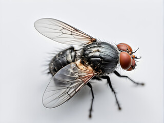 A fly on a white background, top view, macro view, details, animal specimens and environmental protection, housefly