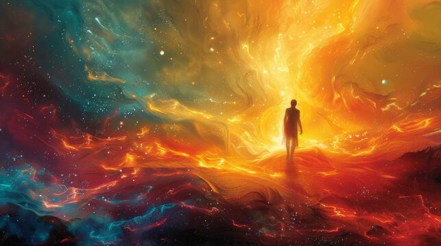 An abstract illustration showing a person standing amidst a colorful energy field with lines and shapes representing different metaphysical concepts intersecting and expanding