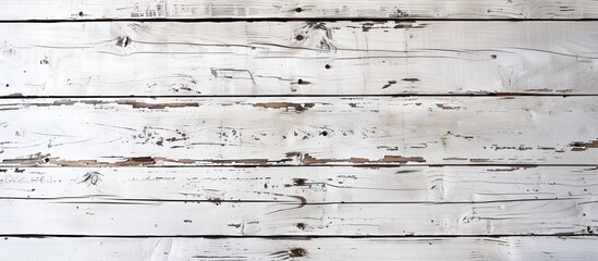 Close up view of a wooden wall painted in white with the paint peeling off, revealing the raw wood underneath