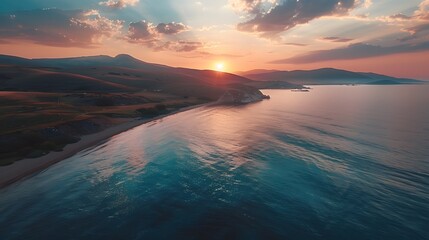 Photo aerial beautiful shot of a seashore with hills on the background at sunset hd 8k  