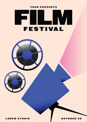 Movie and film festival poster template design with vintage film camera. Design element can be used for  banner, brochure, leaflet, flyer, print, vector illustration
