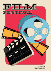 Movie and film festival poster template design with film reel and clapperboard
