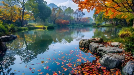 Photo of Calm pond surrounded by autumn foliage peaceful landscape wallpaper hd 8k   - Powered by Adobe