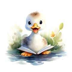 Cute duck with book, watercolor illustration on a white background