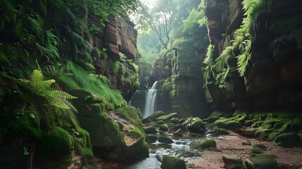 Roughting Linn. Waterfall, Northumberland, England, UK. Surrounded by green summer foliage. and rocks.  