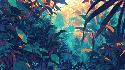 Amidst a lush tropical jungle a vibrant tapestry of leaves unfolds in the backdrop
