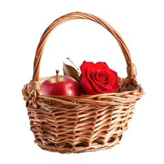 Fototapeta na wymiar A wicker basket holding a vibrant red rose apple set against a transparent background