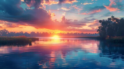 sunset over the river Ai generative HD 8K wallpaper Stock Photographic Image. An HD wallpaper is a high-resolution image that provides exceptional clarity and detail  