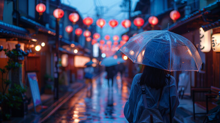 Japan street scene at night. Japanese man and woman walking beside street in city at night....