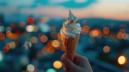 Foto auf Alu-Dibond A hand holding an ice cream cone with a blurred background of city lights.   © Awais