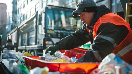 Obraz premium City worker sorting recyclables from collected trash
