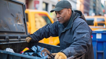 City worker sorting recyclables from collected trash