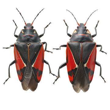 An isolated transparent background showcases the boxelder bug Boisea trivittata from both its rear and back angles