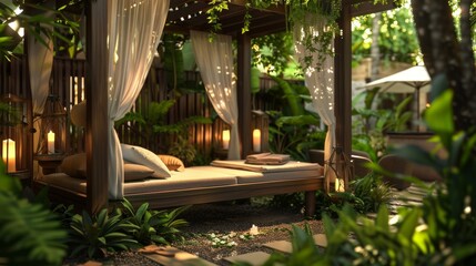 A tranquil outdoor sleep garden tucked away from the hustle and bustle of daily life offering a peaceful atmosphere for a rejuvenating spa treatment and a restorative 2d flat cartoon. - obrazy, fototapety, plakaty