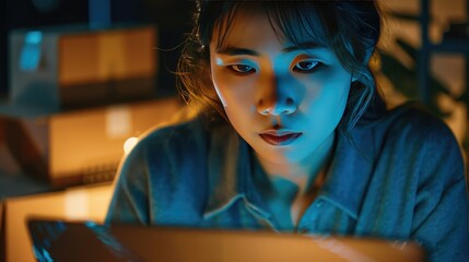 Close-up of an Asian woman's face illuminated by the glow of her laptop screen as she works on arranging