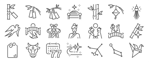 Tanabata icon set. It includes stars, swallows, Japanese, festivals, charms, blessing cards, and more icons. Editable Vector Stroke.