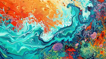 Vibrant abstract acrylic artwork depicting the movement of ocean waves in turquoise and coral.