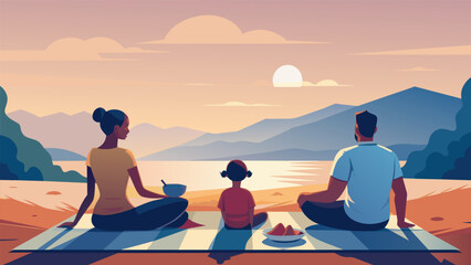 A family sitting together on a picnic blanket munching on sandwiches and fruit while gazing out at the expansive horizon. - obrazy, fototapety, plakaty