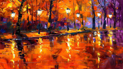 Naklejka premium Vividly textured impressionistic oil painting of an evening park with shimmering reflections.