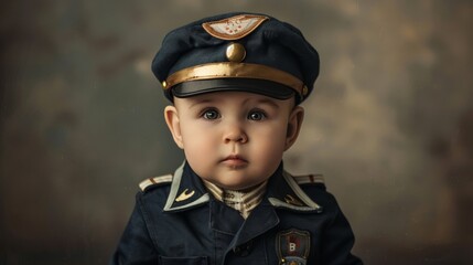 Baby dressed in a miniature pilot uniform, complete with a cap, posing in front of a studio backdrop