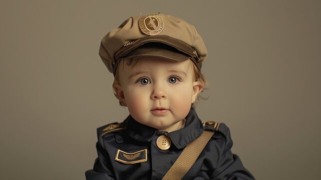 Baby dressed in a miniature pilot uniform, complete with a cap, posing in front of a studio backdrop