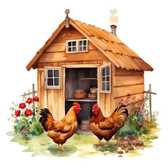 Watercolor hand drawn illustration of rooster and hen in a wooden house.