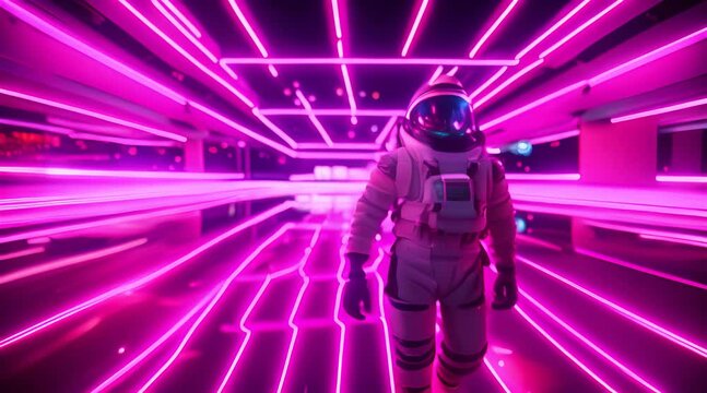 Astronaut in the fourth dimension Neon surroundings and bright stripes