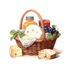 Wicker basket with different types of cheese. Hand drawn watercolor illustration