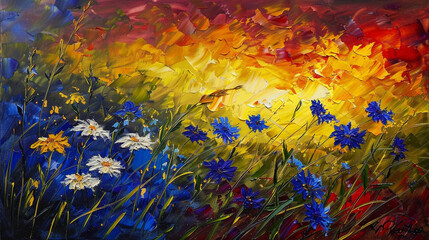 Obraz na płótnie Canvas Vibrant impressionistic oil painting of a meadow landscape under a fiery red and yellow sky.