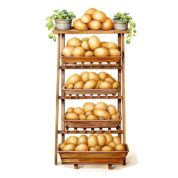Potatoes in a wooden box on a shelf. Vector illustration.