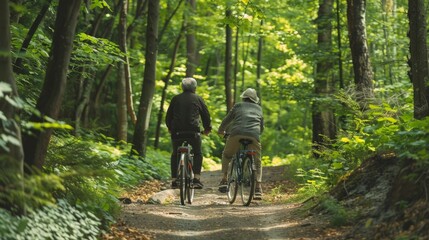 Obraz premium Elderly couple cycling together on a forest trail, surrounded by greenery