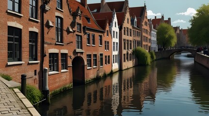 Fototapeta premium copy space, simple vector illustration, typical view of the canals in Bruges, Belgium. hand drawn, view of the typical canals in the city centre of Bruges, Belgium. Famous touristic spot.generative.ai