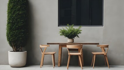 Beautiful and simple outdoor sitting area with wooden table and high industrial chair. Small plant decoration for outdoor cafe with rough cement facade. Ai Generative.