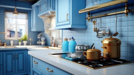 Kitchen with blue boiling kettle in the interior