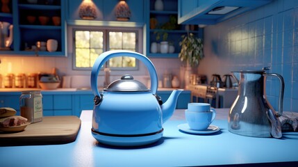 Kitchen with blue boiling kettle in the interior