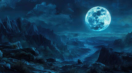 midnight moon overlooking a vast, blue, mountainous landscape In the style of an album cover