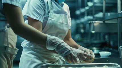 A close-up of a food handler wearing gloves and a hairnet, emphasizing the importance of personal hygiene in food safety. - obrazy, fototapety, plakaty