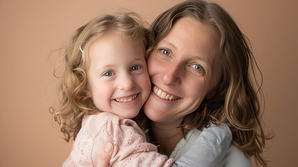 mother and little girl hugginghappy face The background is a solid color studio backdrop