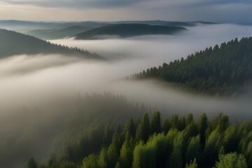 Aerial view of Cupressus Lake with low clouds and fog, Sukko village, Krasnodar Krai province, Russia. Generative AI