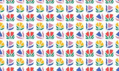 Colorful seamless pattern with tulip flowers. Floral checkered background. Modern trendy minimal style. Surface cover design. Fabric textile print.