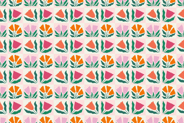 Colorful seamless pattern  with tulip flowers. Floral checkered background. Modern trendy hippie minimal style. Surface cover design. Fabric textile print.