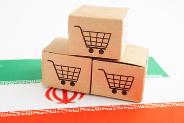 Online shopping, Shopping cart box on Iran flag, import export, finance commerce.