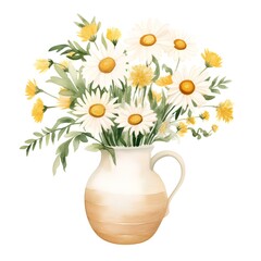 Bouquet of daisies in a vase. Watercolor illustration